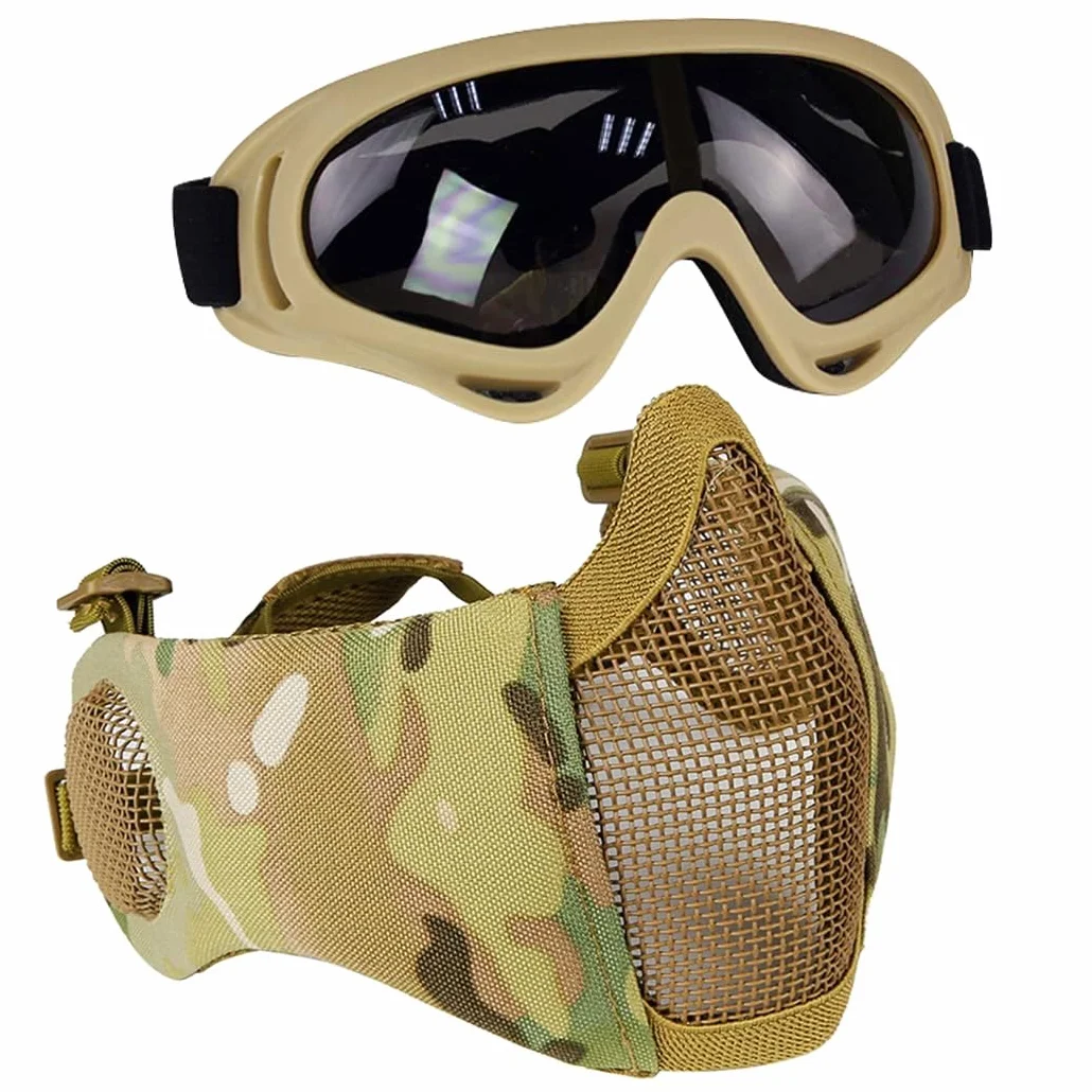 Kit de protection Airsoft avec demi-masque en maille avec protection des oreilles et lunettes - Pour CS/Chasse/Paintball/Tir