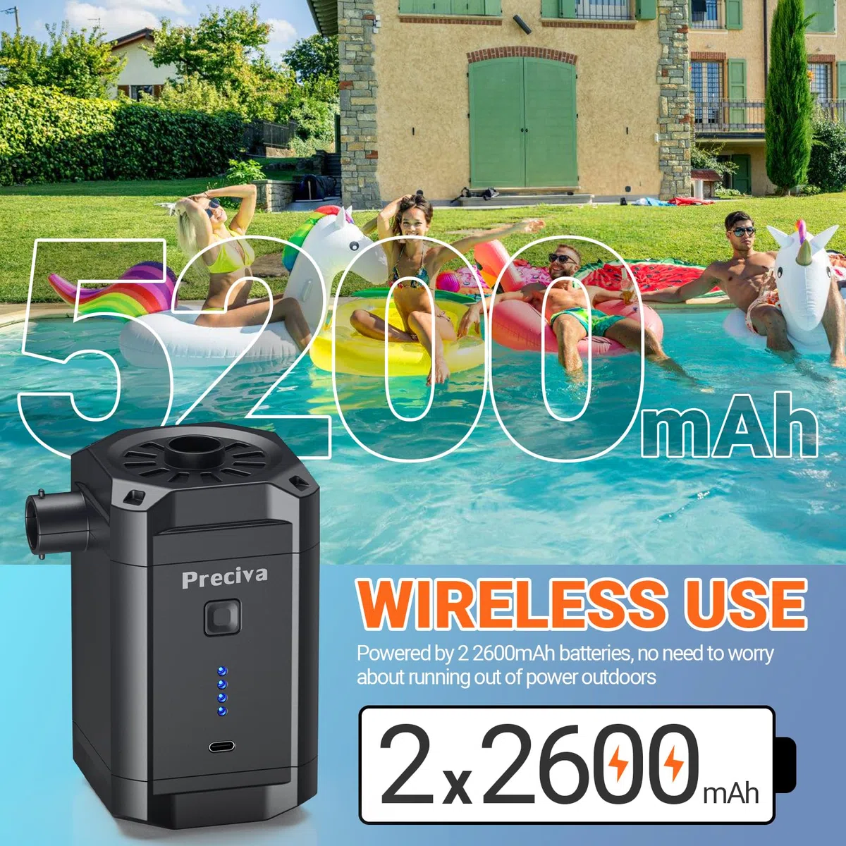 Preciva Pompe à air électrique, 5200 mAh, pompe électrique avec gonflage/dégonflage rapide, pompe électrique portable rechargeable de 280 l/min, avec 4 buses pour piscine, piscine pour enfants, bateau