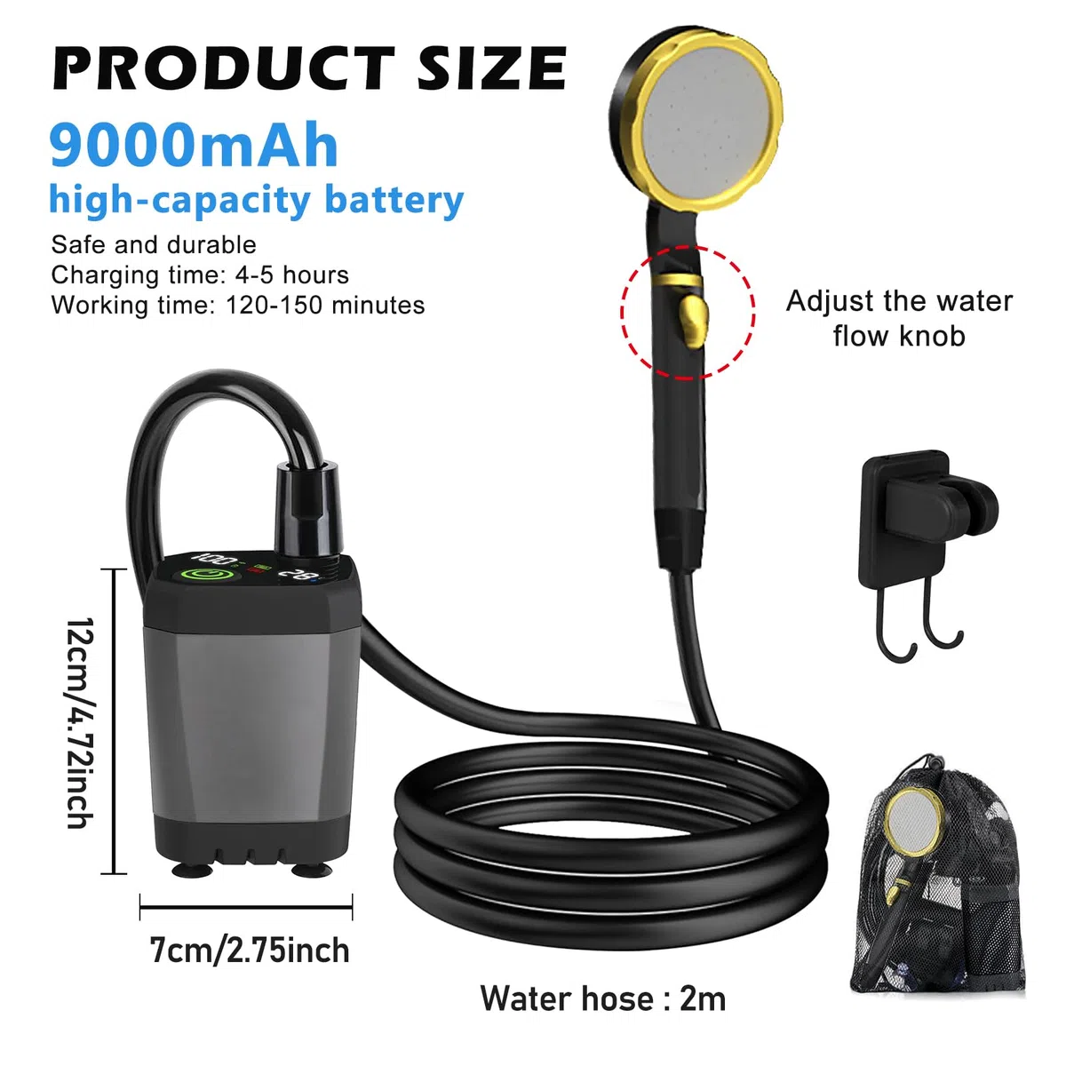 Kit Douche de Camping,Camping Douche Portable 9000mAh,Douche de Camping Rechargeable avec Pompe de Douche Électrique Rechargeable,Portable Camping Douche,Douche Camping pour Extérieure Camping Voyage