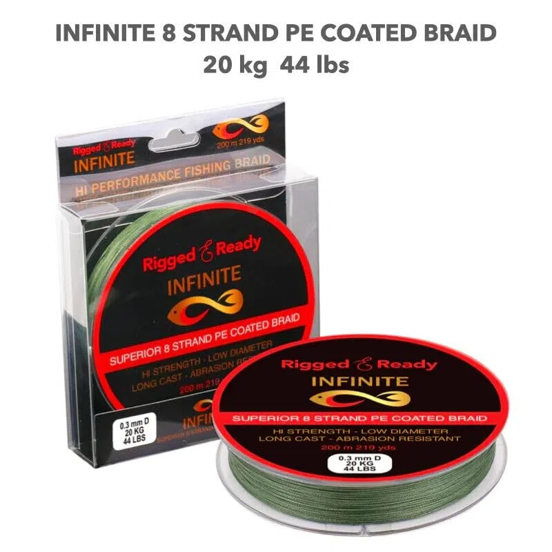 Rigged and Ready Infinite Hi-Performance Fishing Braid 10 to 66lb 4.5 to 30kg PE Coated Line 200m. Braided 8 Strand Low Diameter No Stretch Long Cast Abrasion Resistant Fast Sink. Sea Fishing.