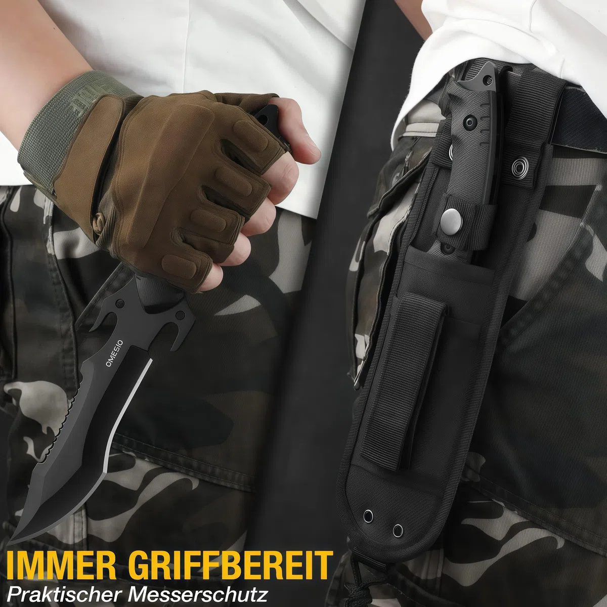 Omesio Couteau de Survie Lame Fixe Bushcraft - Full-Tang Noir, Forgé à la Main, Tranchant et Durable, Idéal pour Randonnée et Activités Outdoor