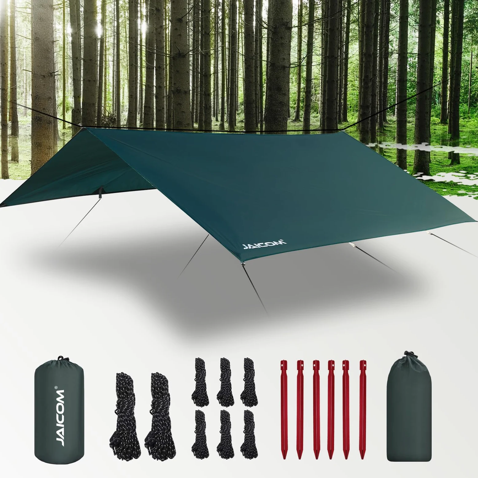 JAICOM Bâche - 3M x 3M Camping Rain Tarp (PU3000mm), Toile de Tente Ultralégère, Résistante aux UV, Randonnée en Plein air, Pique-Nique, Camping, Abri de Survie