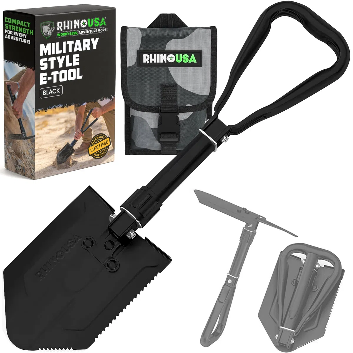 Rhino USA Pelle Pliante avec Pointe Outil pour Creuser en Acier Carbone de Style Militaire pour Le Tout Terrain Pelle Jardinage Accessoire Camping Accessoire Détecteur Métaux