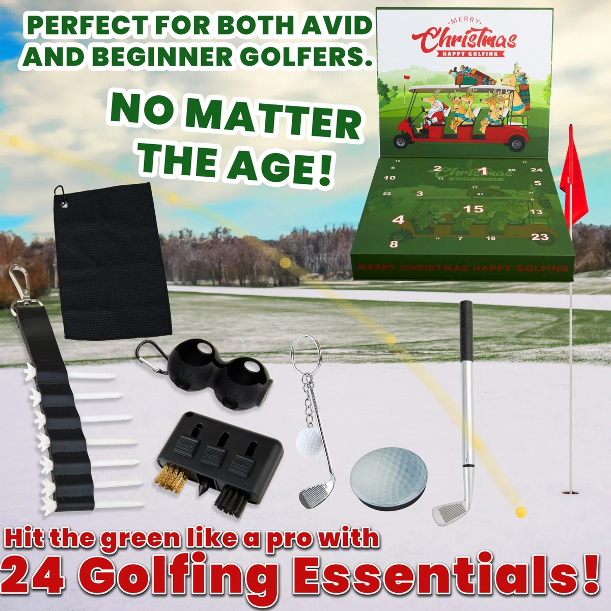 KreativeKraft Calendrier de l'Avent 2025 pour Golfeurs Calendrier Compte à Rebours Noel 24 Accessoires Golf Chaussettes Serviette Cadeau Homme