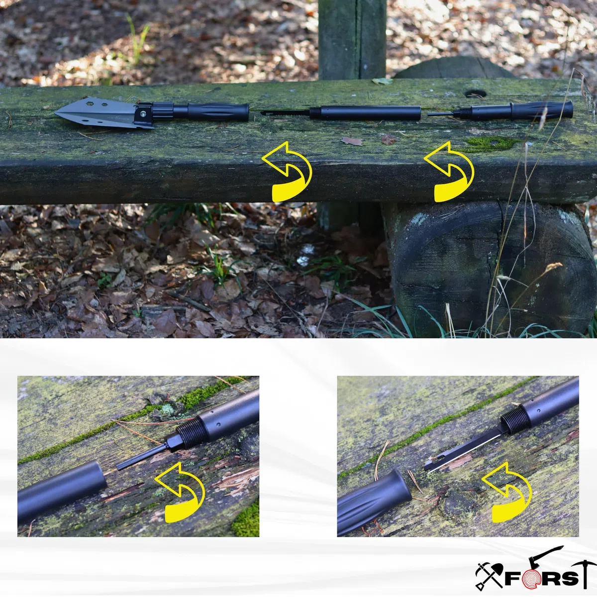 Xforst Pelle Pliante Multifonctionnelle pour Camping et Survie – Pelle en Acier au Carbone avec 3 Longueurs Réglables, Scie de Survie, Pierre à Feu, Sifflet et Housse – Accessoire Offroad