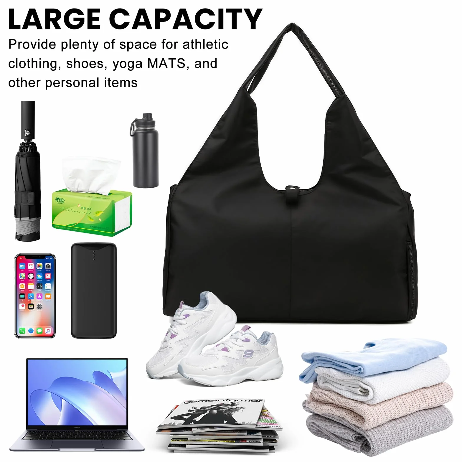 Sac de Sport et Voyage pour Femme avec Compartiment à Chaussures - Imperméable - Pour Tapis de Yoga - Entraînement - Noir
