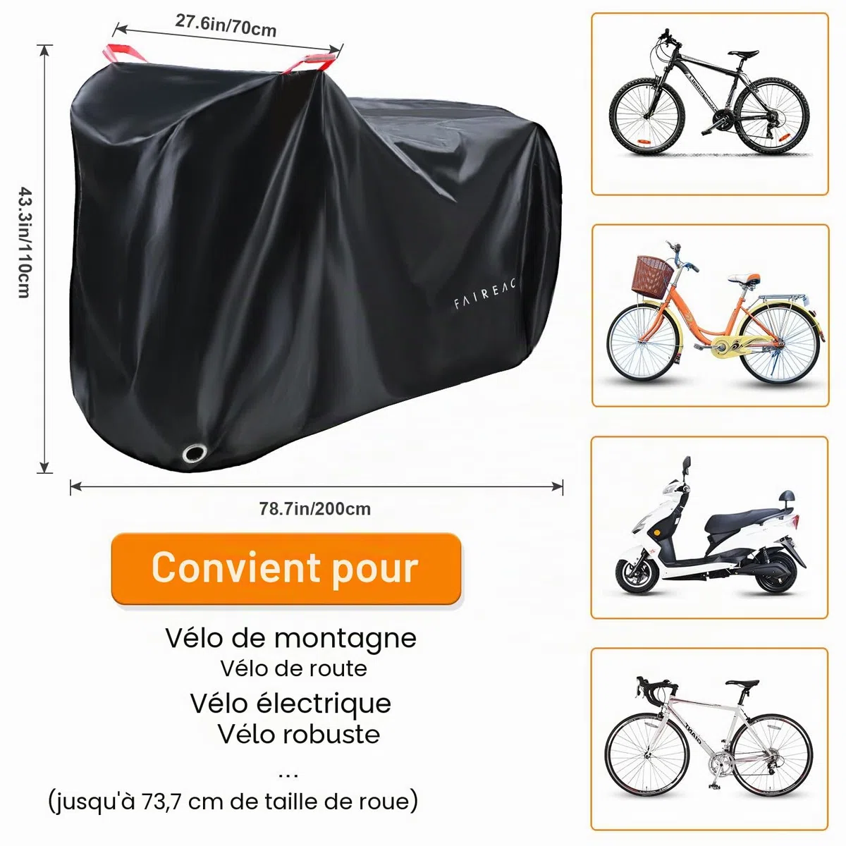 Housse Velo Exterieur Protection Bache Velo Exterieur Imperméable, Housse Protection Vélo Anti-Poussière Anti-UV Pluie Neige pour Vélos, Noir 200*110*70cm, Tissu 210D Premium