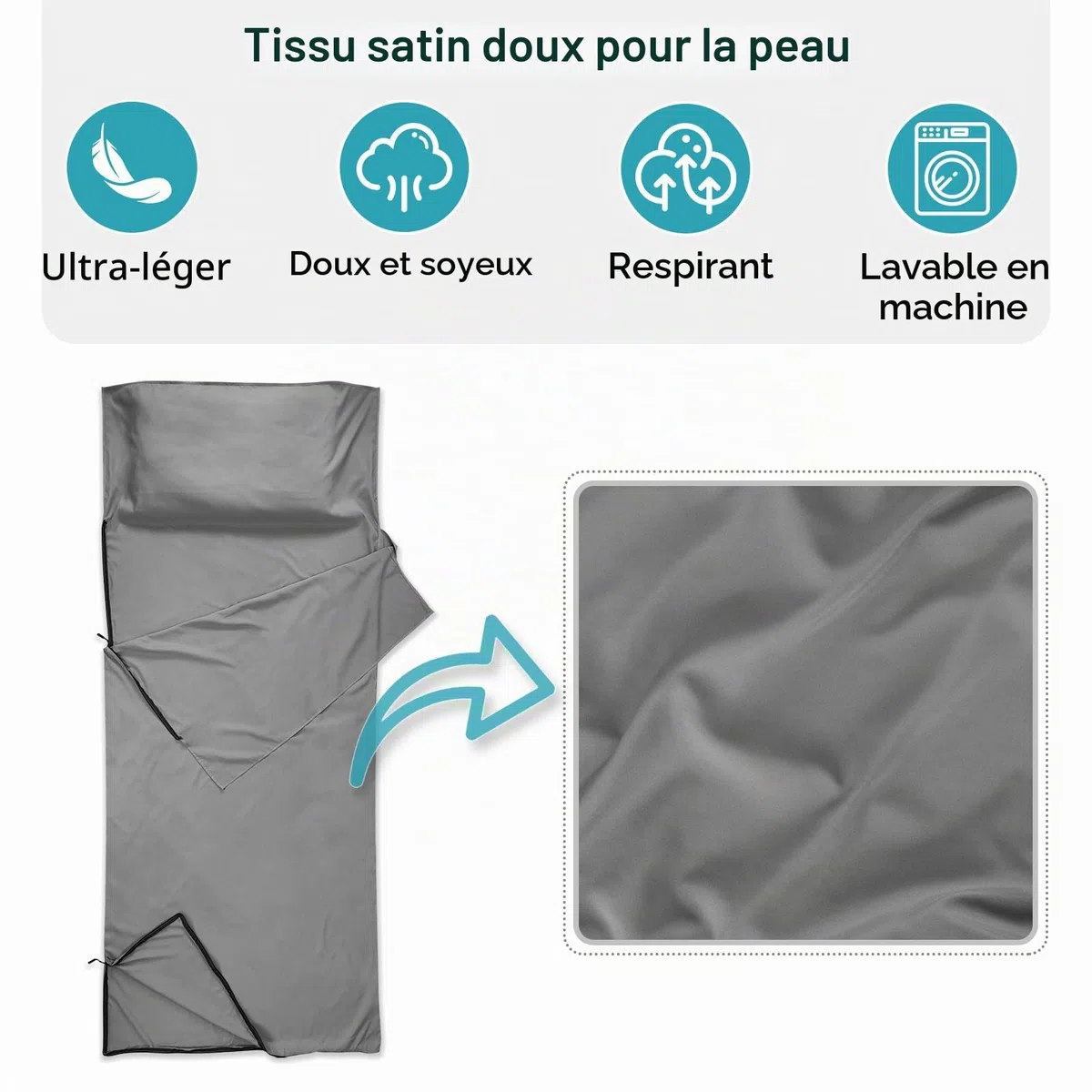 Doublures de sac de couchage en satin, ultra légères et soyeuses avec fermeture éclair bidirectionnelle, 220 x 90 cm, pour voyage, hôtel, voyage d'affaires