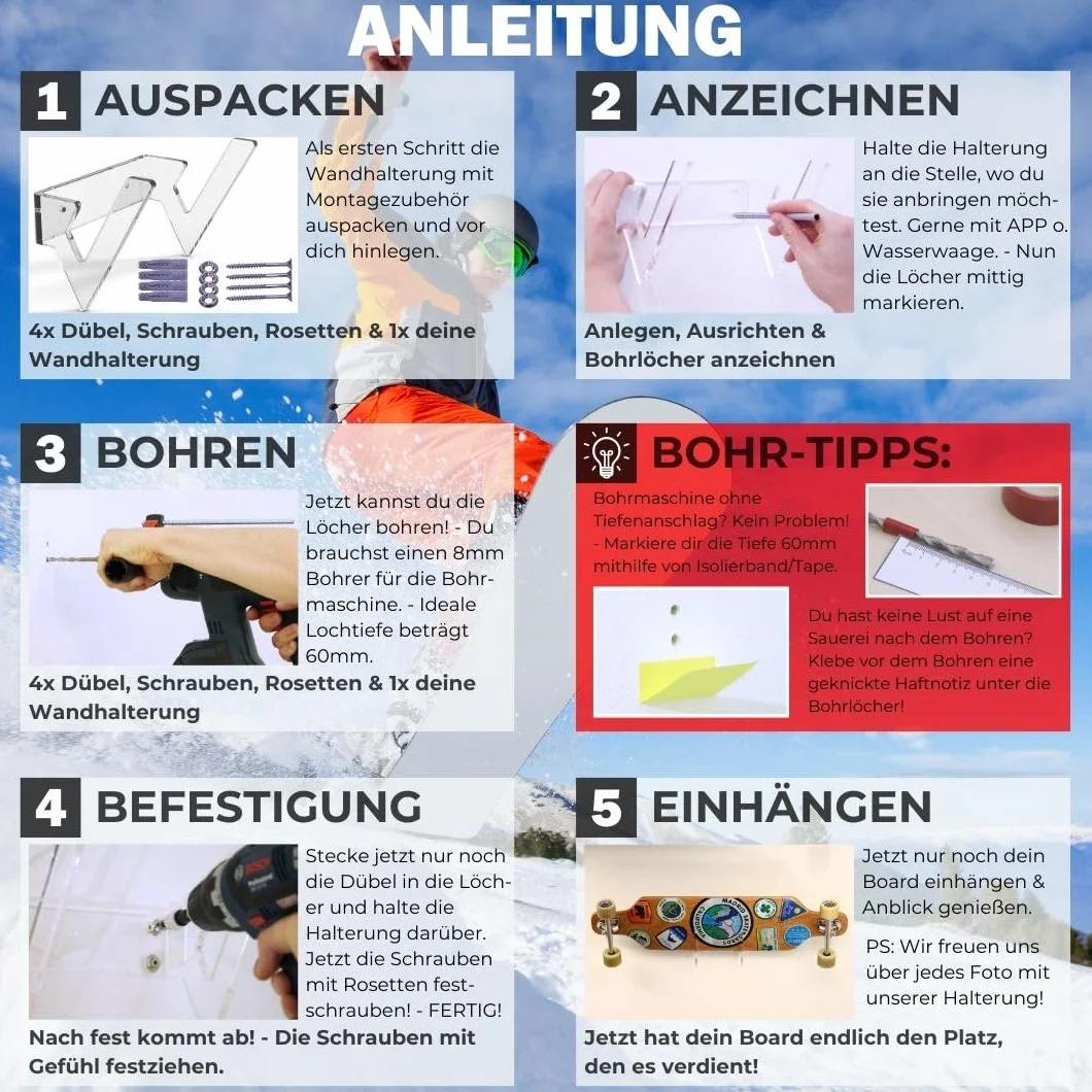 Board Addicted Support mural pour longboard, planche à roulettes, snowboard, wakeboard, planche de kitesurf etc., Board Addicted Wandhalterung für Longboards, Snowboards, Wakeboards uvm., Transparent, Universelle