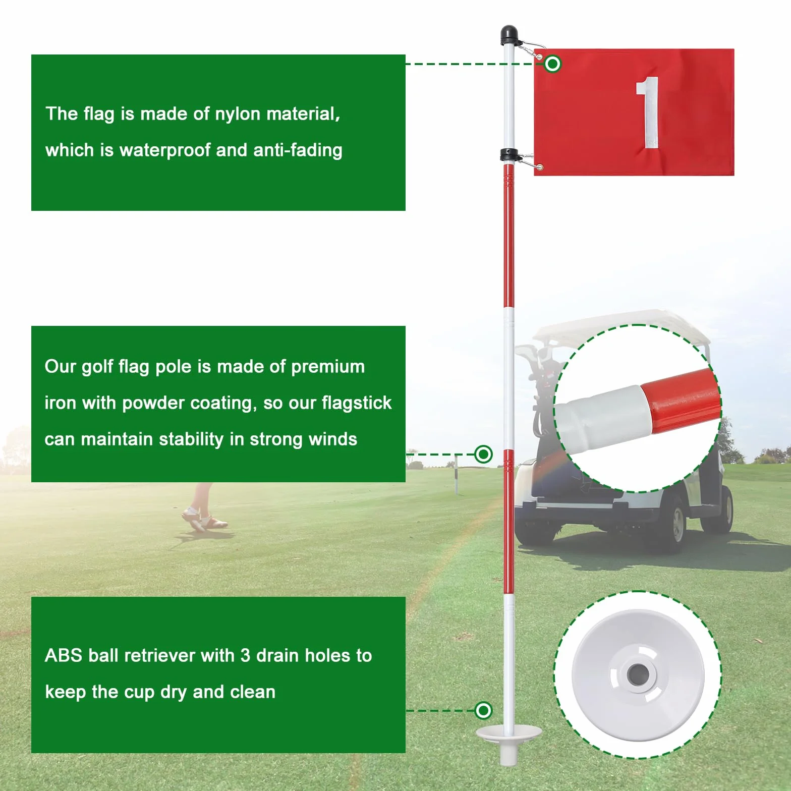 Mât de Drapeau de Golf de 188 cm pour la Maison, Drapeaux en Nylon pour Jardin avec 5 pièces Amovibles, gobelet perforé de Golf 1 et Drapeau pour Exercices de Putting