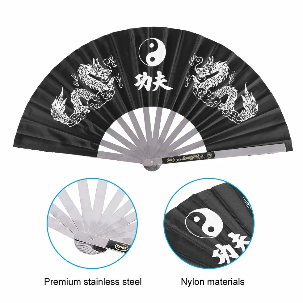 Éventail de Tai Chi, Éventail de Kung Fu Chinois, Éventail de Performance de Pratique de Danse, Kung Fu en Acier Inoxydable, Éventail Pliant de Poche en Nylon(Noir)