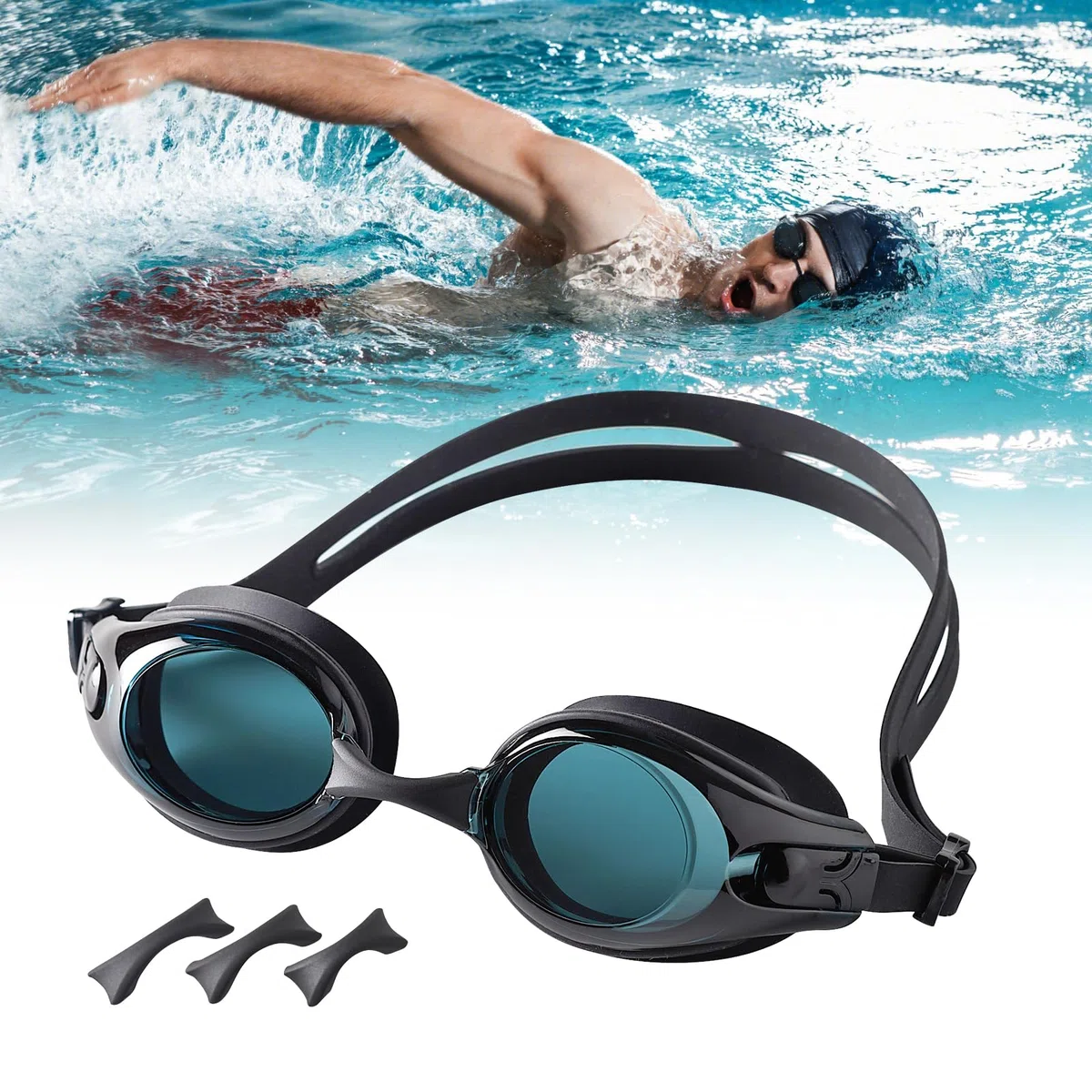 Lunettes de Natation avec Verres Correcteurs, Anti-buée Protection UV HD Objectif Professionnelles,Confortables avec Sangles Réglables et Supports nez Interchangeables pour Hommes et Femmes -Noir