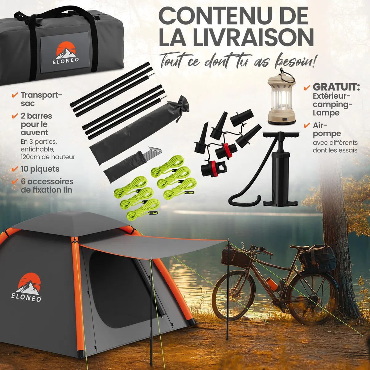 ELONEO Tente Gonflable avec auvent & Pompe à air, Tente à air Ultra-légère, Glamping avec lumière LED Offerte