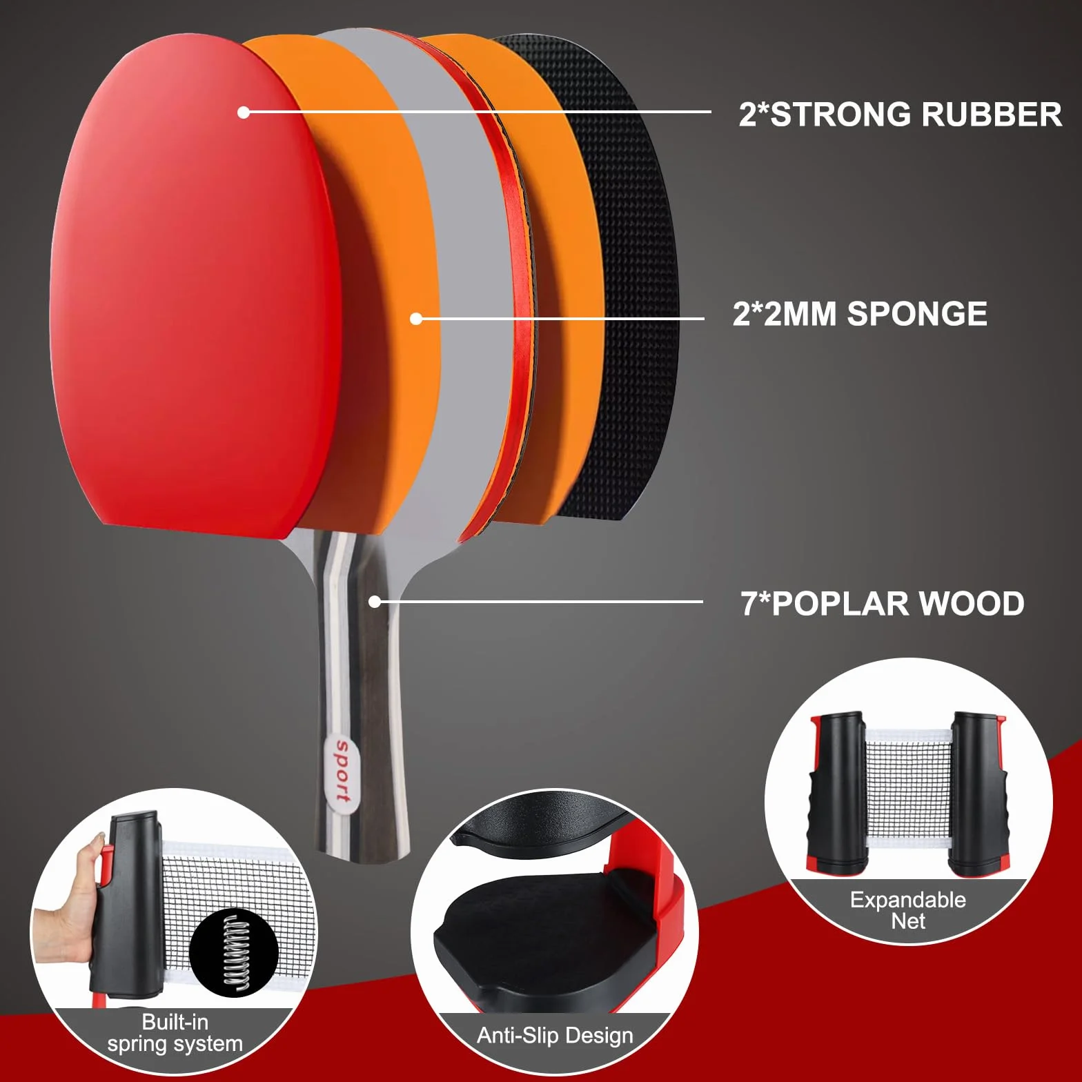 Set de Tennis de Table,2 Raquettes de Tennis de Table,4 balles (2 Jaunes,2 Blanches),Filet rétractable,2 revêtements de Manche & Sac de Transport,Set Mobile,idéal pour intérieur et extérieur