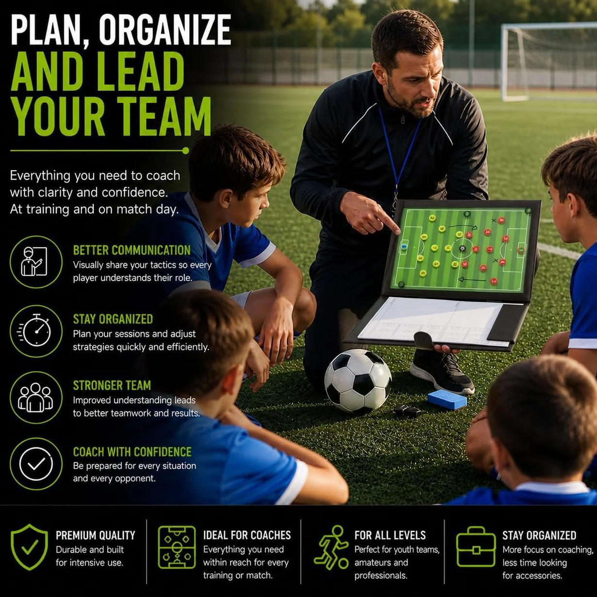 Tableau Tactique Football-Dossier de Tactiques Magnétique pour Entraîneurs de Football avec Poche Intégrée