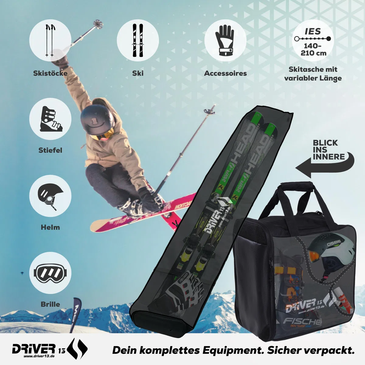 Driver13 Set Ski 2 pièces, Housse à Skis 140–210 cm et Sac à Dos Chaussures de Ski avec Compartiment Casque, système de Portage, Noir