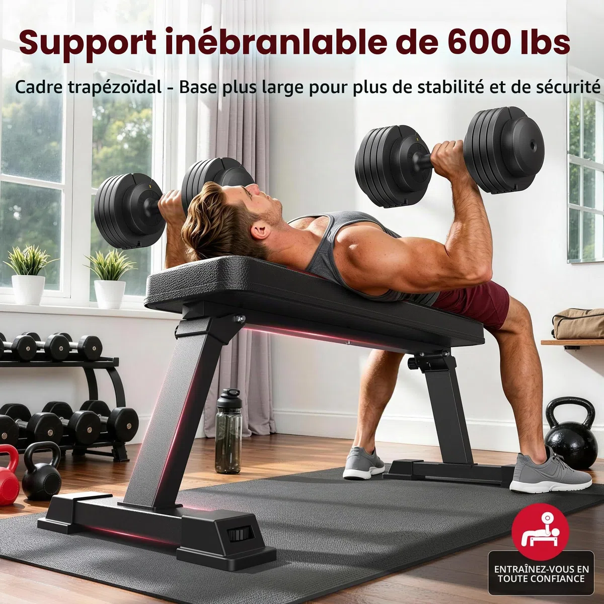 FLYBIRD Banc Plat, Banc Plat Pliable pour Haltères, Stable pour Tous Types d’Entraînement enForce & Développé Couché, Facile à Assembler pour Domicile, 300kg Capacité Max