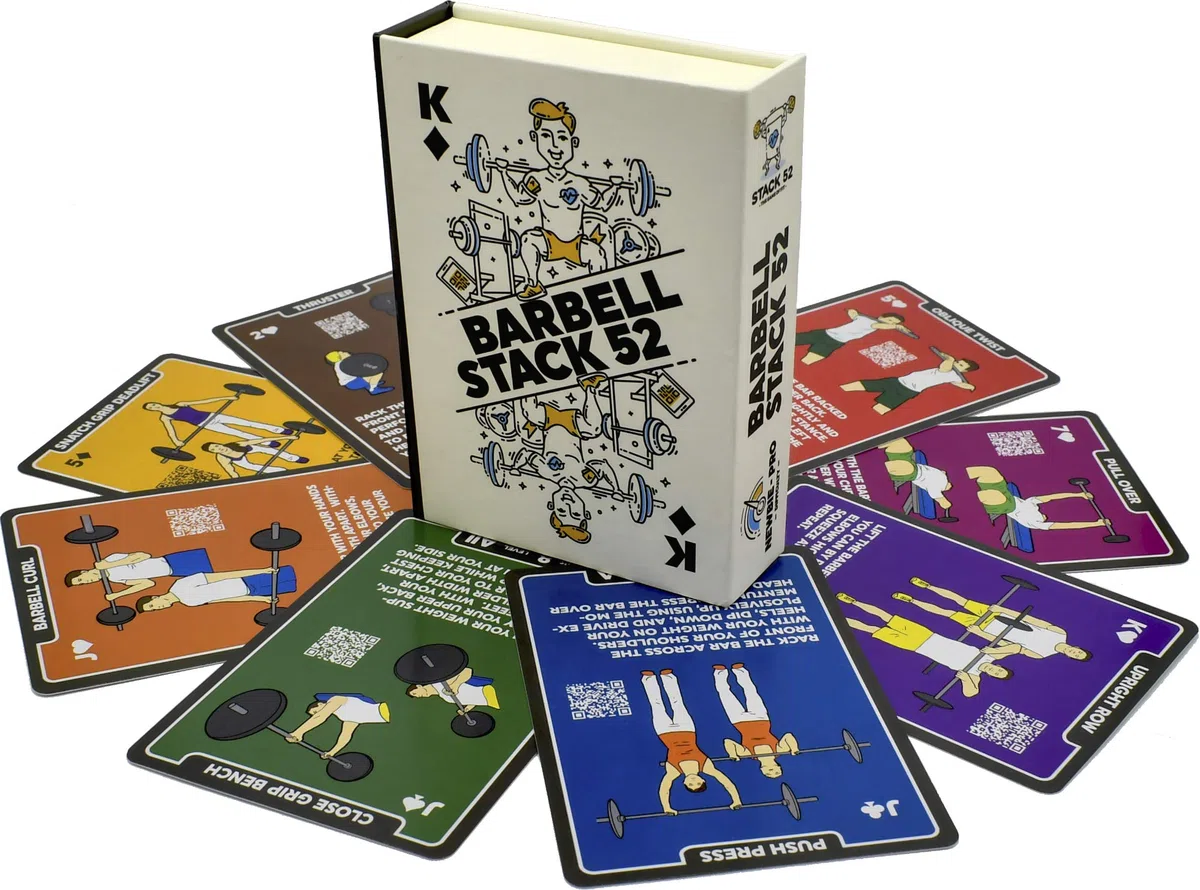 Stack 52 Cartes d'exercices à la Barre. Jeu de Cartes pour la Musculation | Instructions vidéo incluses. Séances de musculation et de renforcement. Programme de fitness pour salle de sport à domicile.