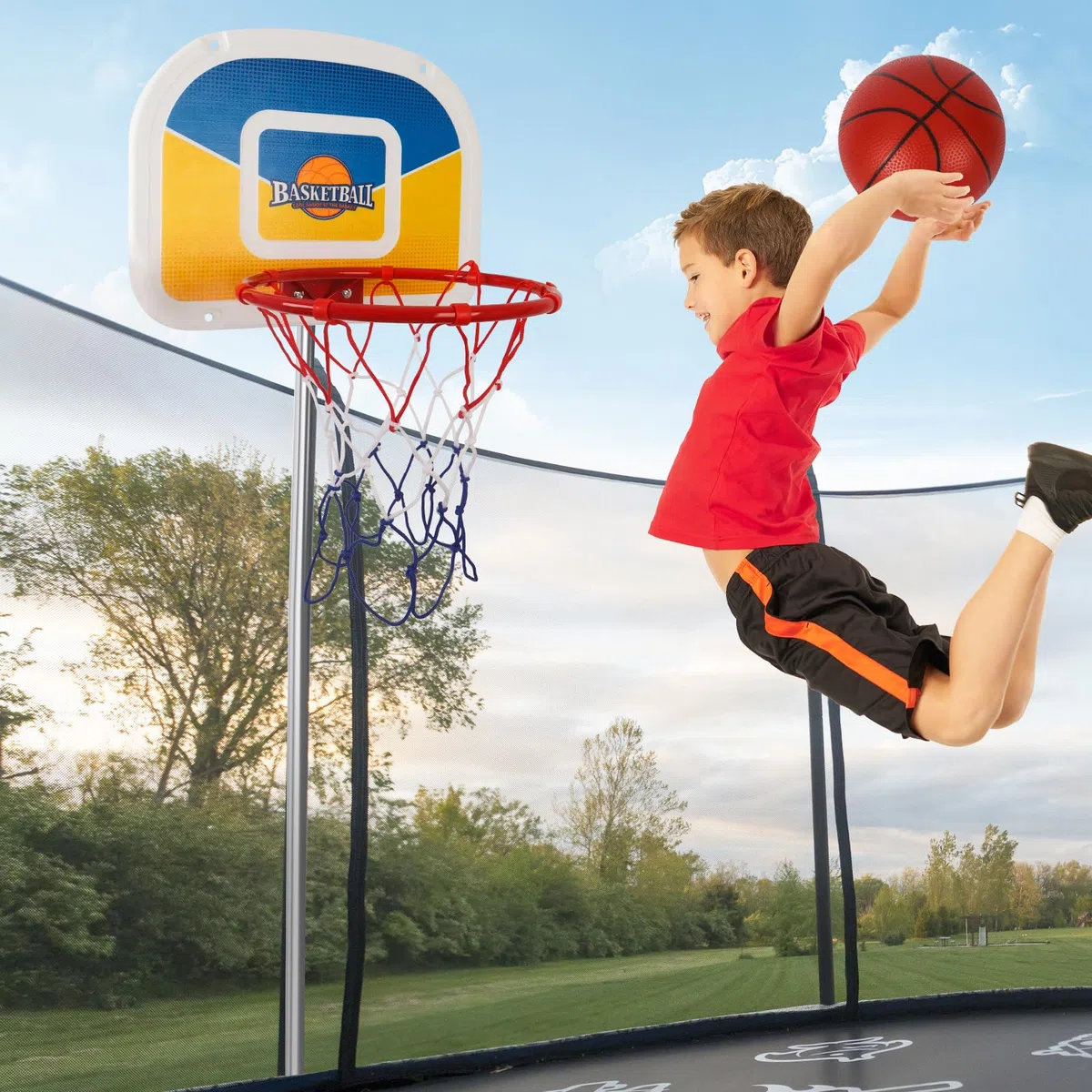 Panier de Basket-Ball de Trampoline, Panier de Basket-Ball pour Trampoline avec Pompe et 2 Mini Ballons, Robuste pour Les Tout-Petits et Les Enfants, Convient pour Poteau Droit