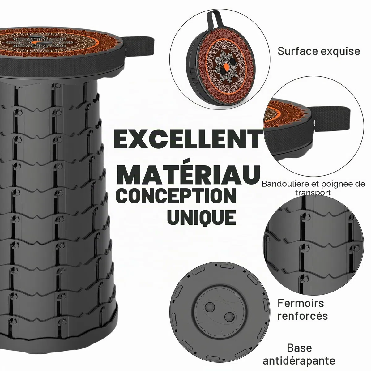 Tabouret Pliant Portable avec Coussin, Télescopique avec Motif, Retractable de Deuxième Génération pour Camping, Adultes, Maxi Charge 200kg