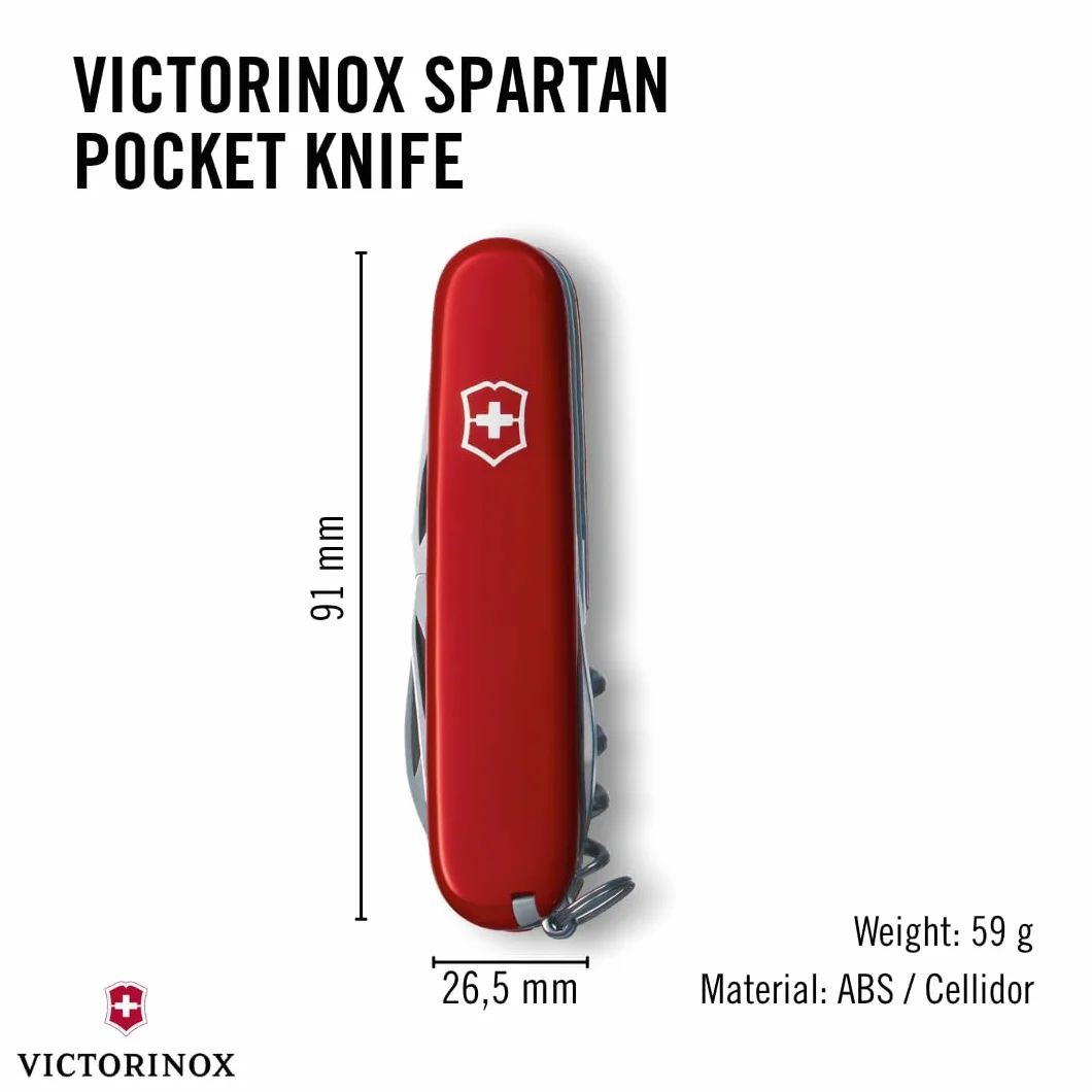 Victorinox Spartan Couteau de Poche Suisse, Léger, Multitool, 12 Fonctions, Lame, Ouvre Boite, Tire Bouchon, Rouge