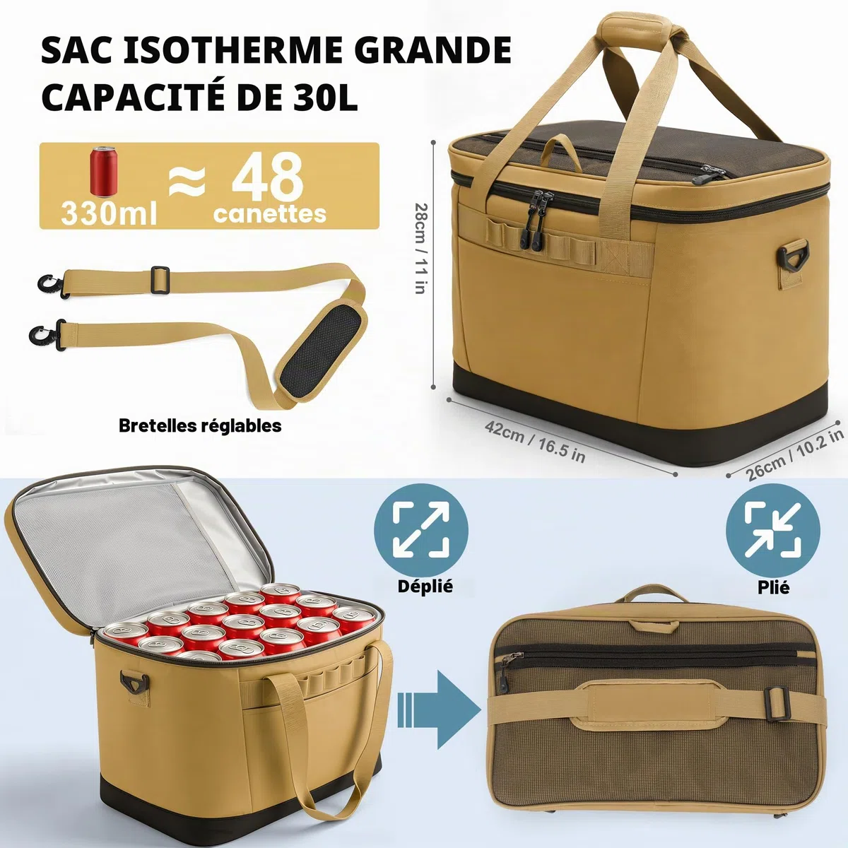Sac Isotherme 30L, Grand Glaciere Souple Isotherme, Portable Anti-Fuite Glacière avec Bandoulière Amovible pour Voyage, Pique Nique, Camping, Plage