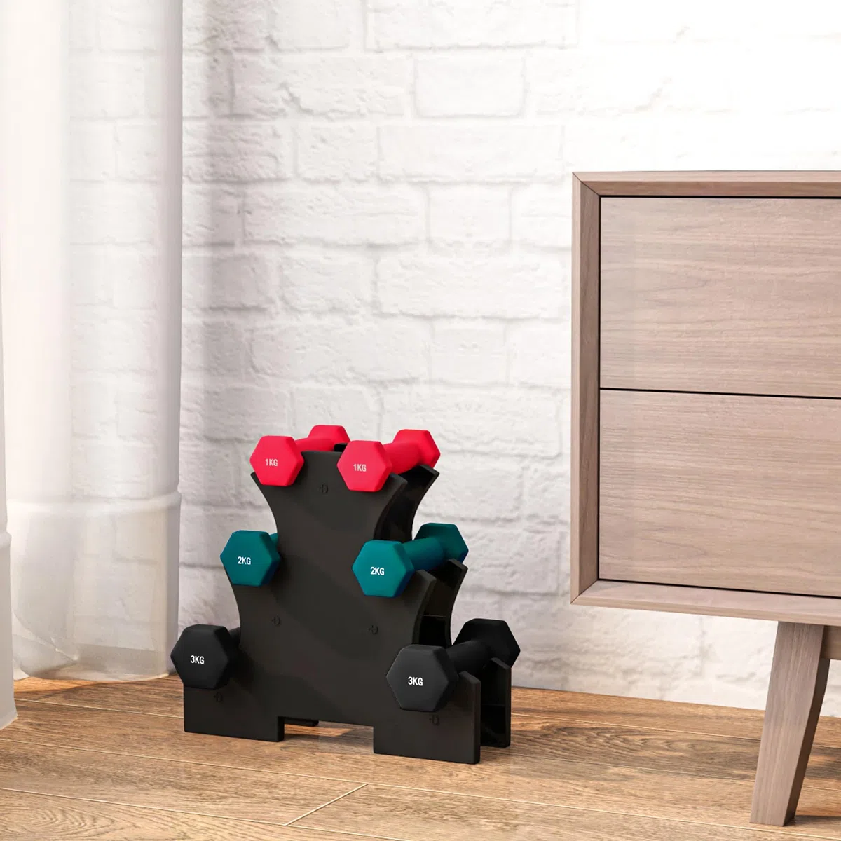 SPORTNOW Ensemble d'haltères hexagonaux courtes total 12 Kg - support d'haltères incluses - pour la musculation, 6 haltères - 2 x 1kg, 2 x 2kg, 2 x 3kg