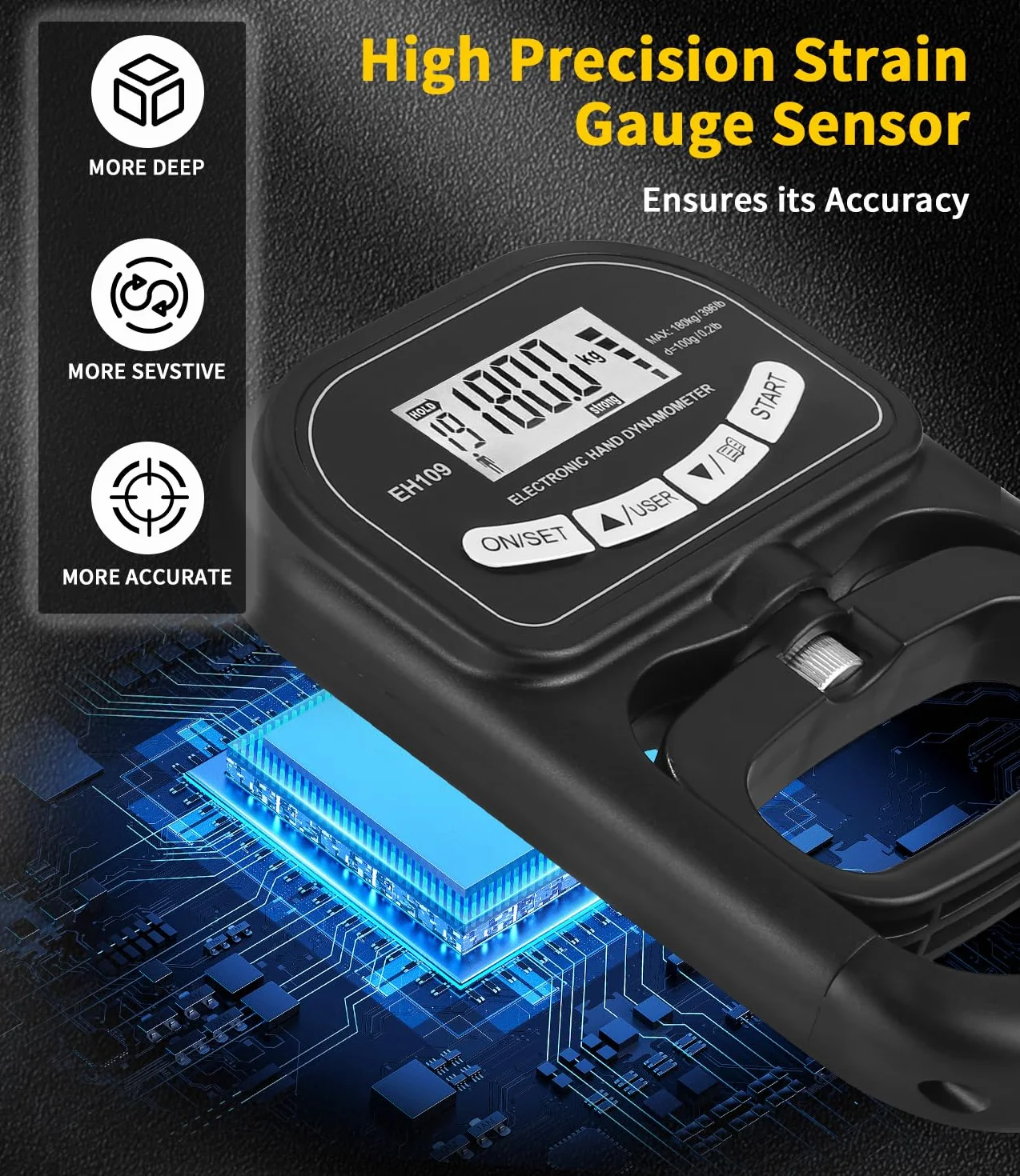 Entraîneur de force de préhension de 180 kg,Dynamomètre à Main numérique,Dynamomètre électronique rechargeable avec affichage LED,Valeur de test précise au gramme près, poignée réglable, noir