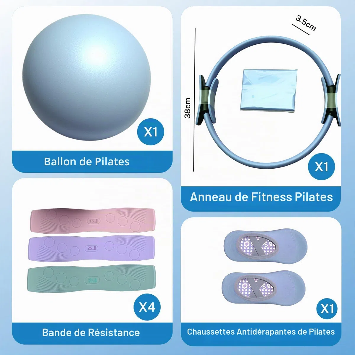 Eznaobo Kit essentiel de Pilates, kit de pilates portable pour femmes, avec anneau de pilates tonifiant, longues bandes de résistance, balle de Pilates douce et chaussettes antidérapantes, équipement