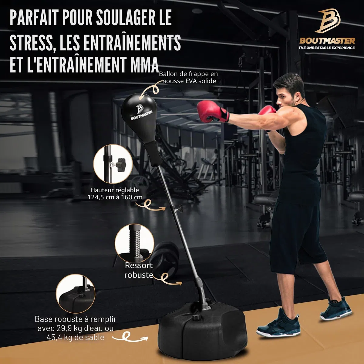 Sac de frappe avec support, pour enfants et adultes, réglable en hauteur – Sac de frappe autonome – Idéal pour l'entraînement MMA, soulagement du stress et fitness
