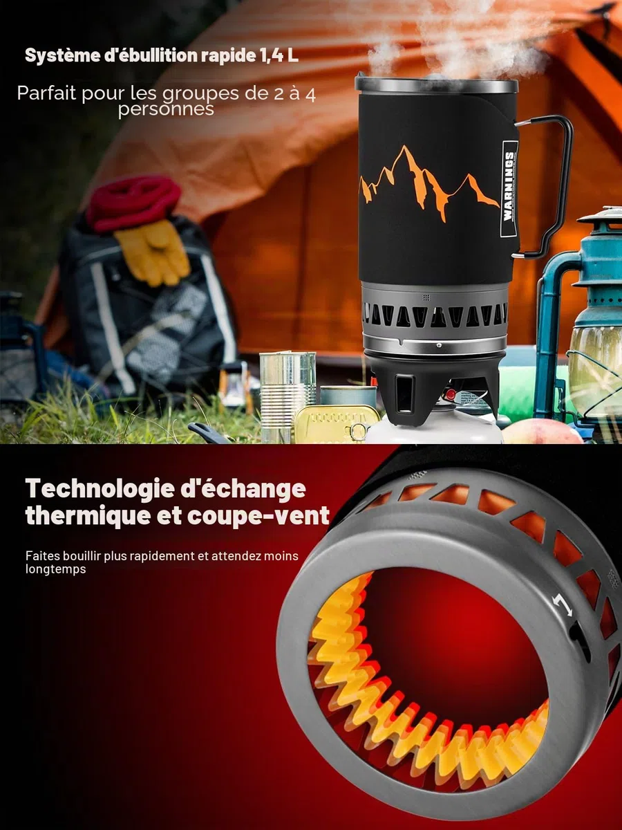 Odoland Backpack Camping Furnace, 1.4l Camping Cooking System, Casserole de Camping Portable avec Cuisinière à Gaz pour La Randonnée, La randonnée, La pêche, La Chasse et Les Urgences