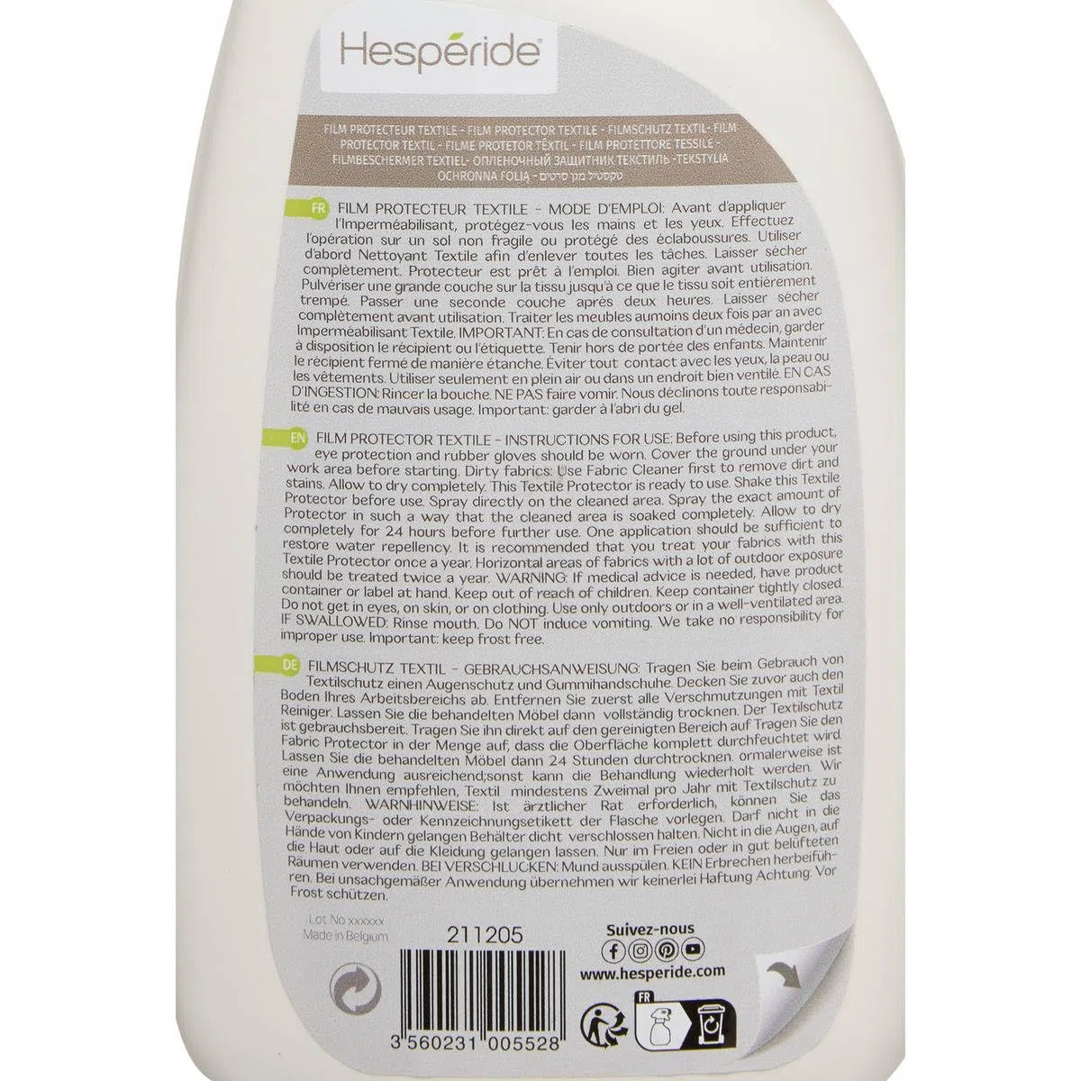 Hespéride - Spray Imperméabilisant Textile 75 cl, Protecteur Anti-Taches, Déperlant - pour Tissus Extérieurs, Mobilier de Jardin, Coussins