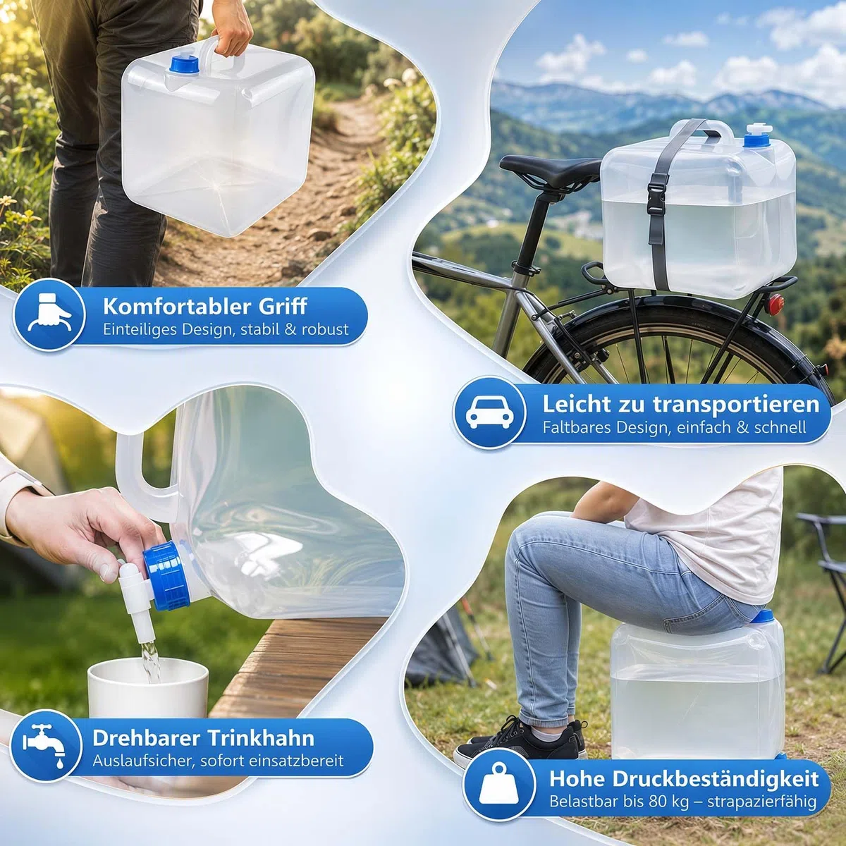 Lot de 2 Réservoirs d’Eau Pliables 20L avec Robinet & Poignée, Bidon d’Eau Potable sans BPA, Réservoir d’Eau Portable pour Camping, Urgence, Randonnée & Outdoor