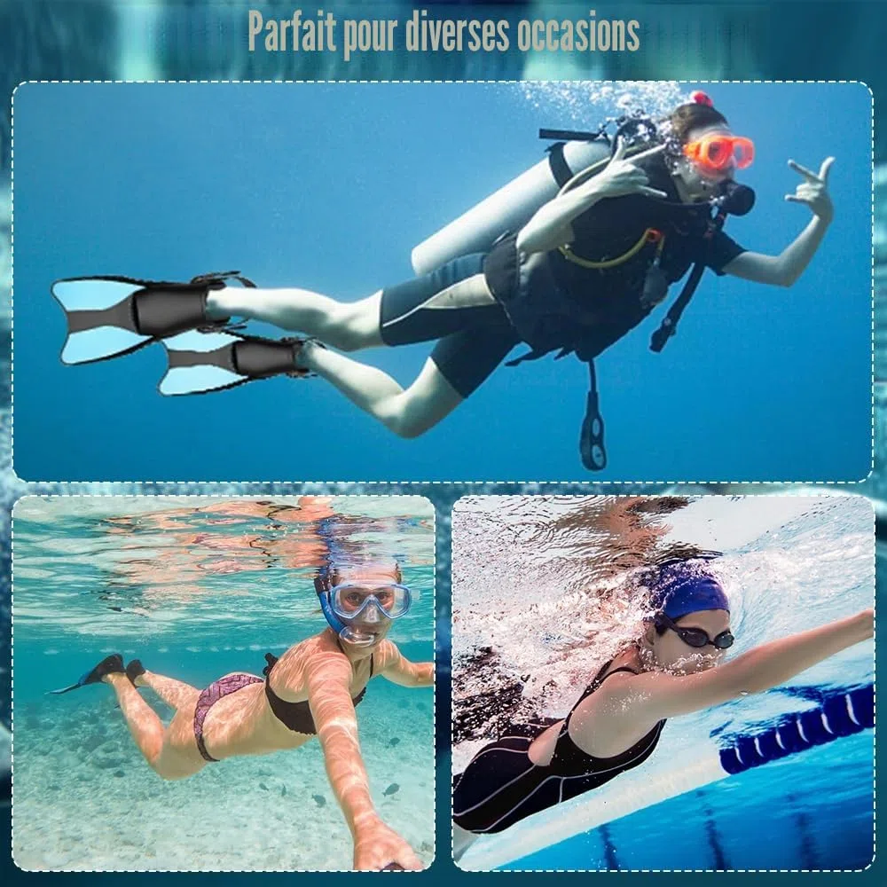 Palmes de plongée, Palmes Courtes Réglables, Palmes Natation Piscine, Palme réglables, Souples Silicone pour Adultes Hommes et Femmes - Bleu Clair