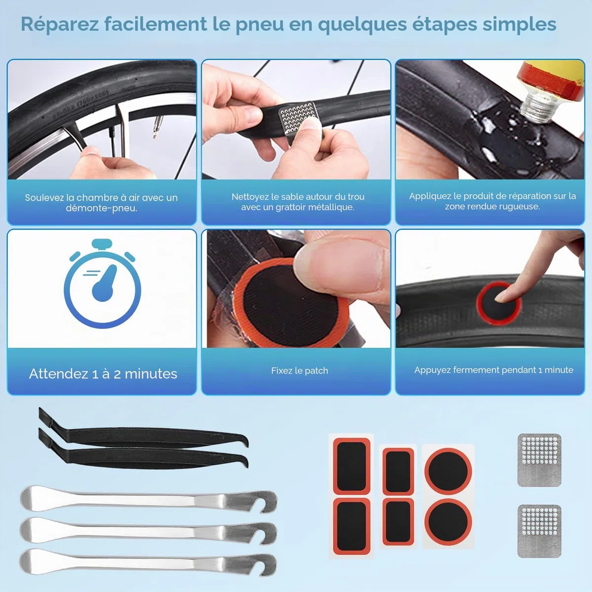 Kit de réparation vélo 34 pièces, Kit Crevaison Velo, ensemble d'outils multifonctions 16 en 1 avec housse étanche, mini-pompe comprenant tous les accessoires nécessaires pour le vélo.
