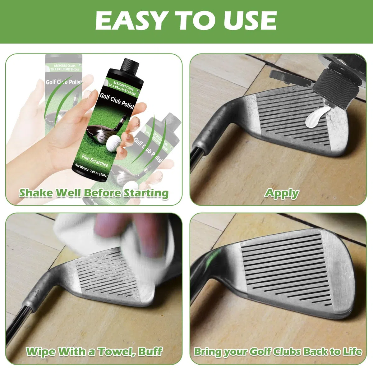 Polish pour Clubs de Golf, Kit de Nettoyage 200 + 200 ML, Adapté aux Fers, Bois, Putters et Grips