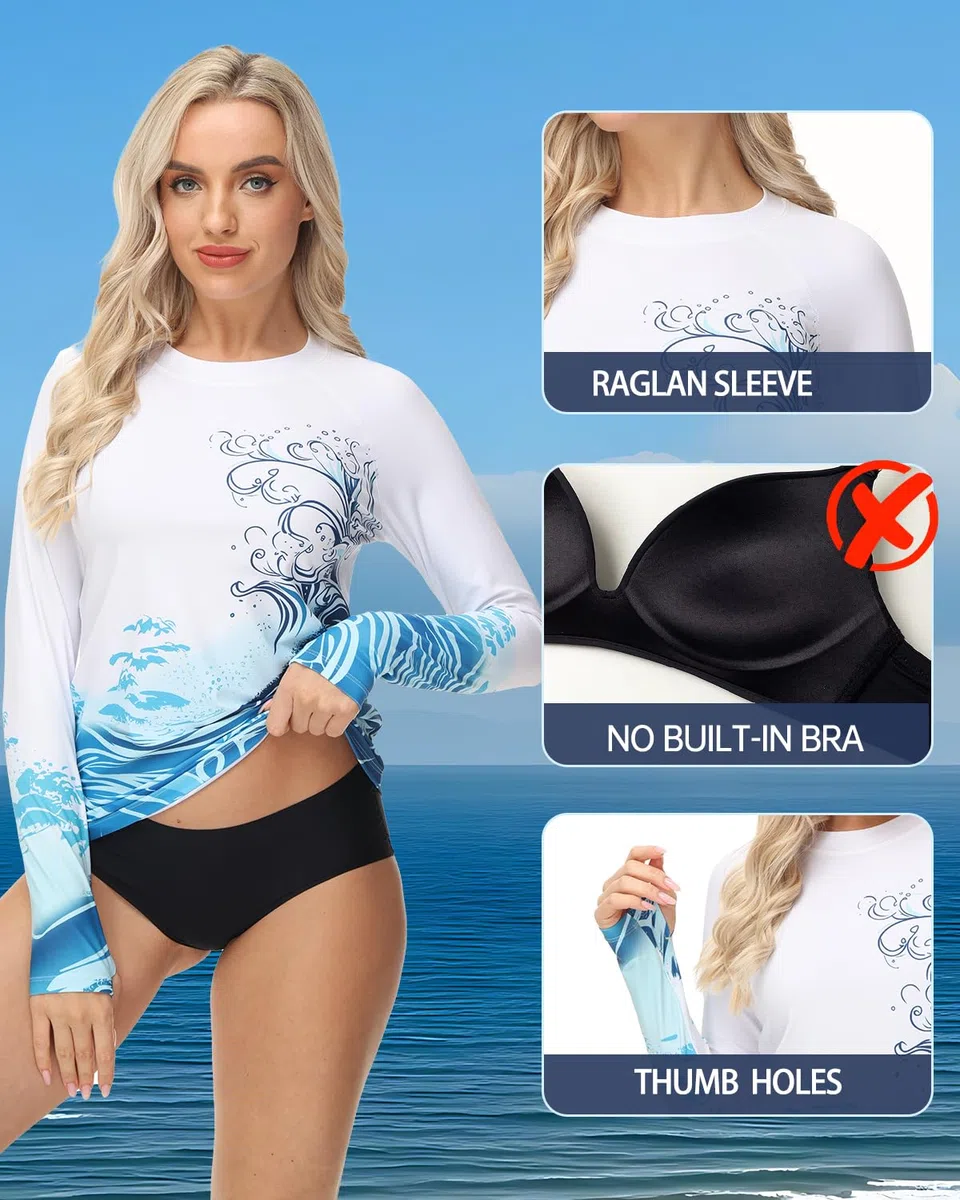 VAYAGER Maillot de bain à manches longues Rashguard UPF 50+ à séchage rapide pour l'eau, la plage, le surf, la natation avec trou pour le pouce