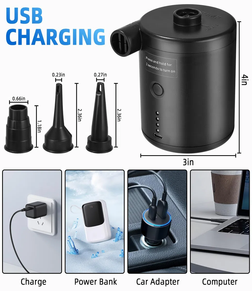 Gonfleur Electrique Portable avec USB Rechargeable 4000mAh, Pompe Matelas Gonflable Rapide, Mini Gonfleurs Pompes Matelas pour Coussins Gonflables, Anneau de Natation, Jouets Piscine, 3 Buses