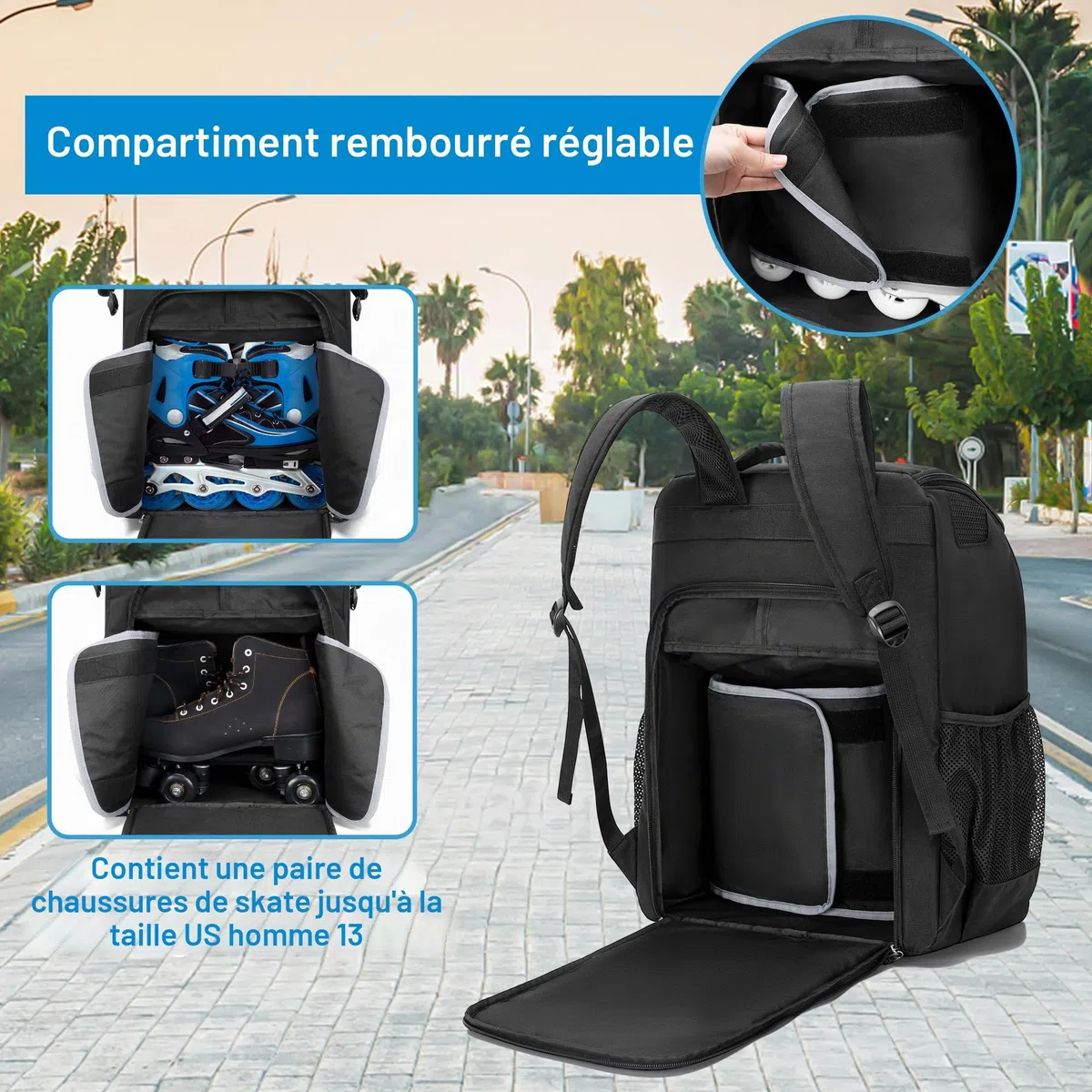 GOBUROS Sac de Patinage à roulettes pour Patins à Glace, Sac à roulettes avec Poche Supérieure pour Casque, Sac à Dos avec Bandoulière Rembourrée Réglable pour Équipement de Patins-Version Améliorée