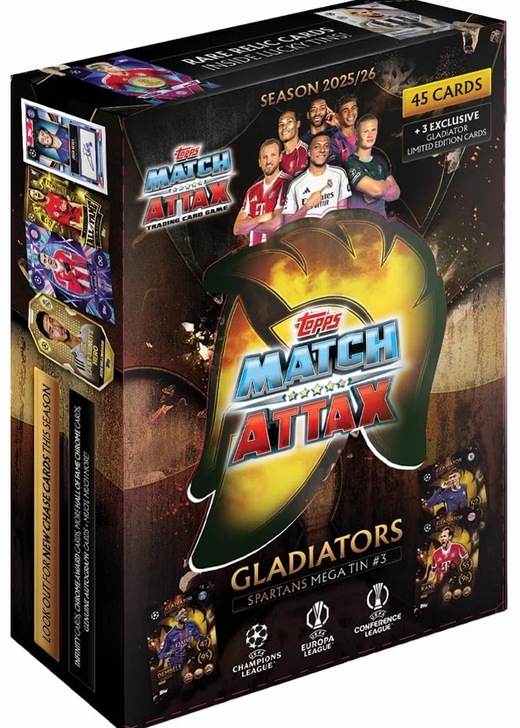 Topps UCC Match Attax 2025/26 – Mega Tin – Spartans – Contient 45 cartes Match Attax plus 3 cartes Gladiators LE exclusives.
