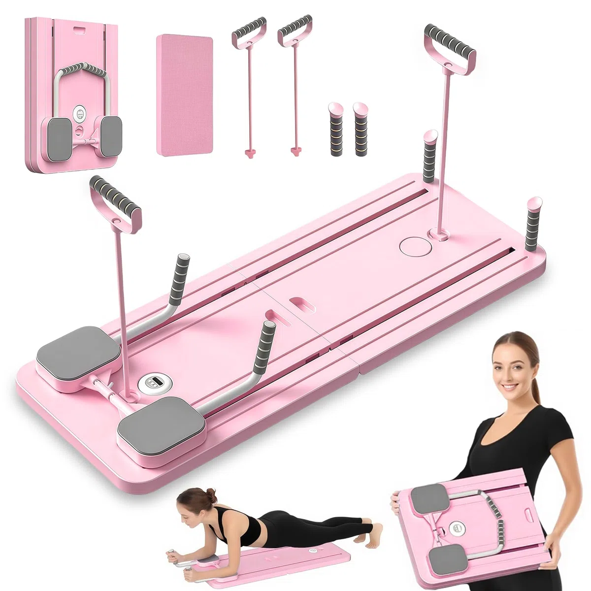 Pilates Board, 5 en 1 Pilates Reformer avec Roue Abdominale à Rebondissement Automatique et Minuterie, AB Roller Machine Pliable Multifonctionnel pour la Maison et la Salle de Sport