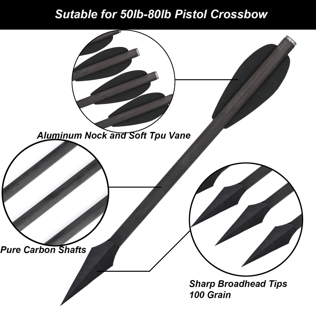 6.3" Pistolet Arbalète Flèches, Mini Carbone Boulons Flèches D'arbalète avec Pointes Broadhead Flèches de Chasse pour 50-80lbs Arbalète Tir à l'arc Pistolet Tir Cible Pratique