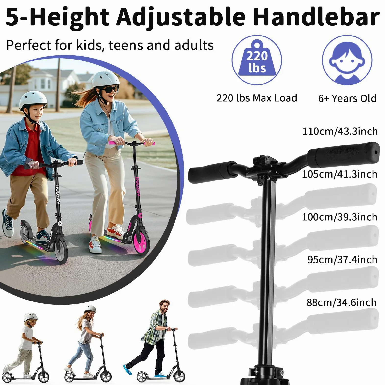 BELEEV Trottinette Enfant 6 a 14 Ans, LED Lumineuse Deck, Réglable en Hauteur, Sangle Transport, Grande Roue 230 mm, Big Wheel City Scooter 2 Roues pour Fille Garçon 6+ Adulte Adolescent Max 100kg