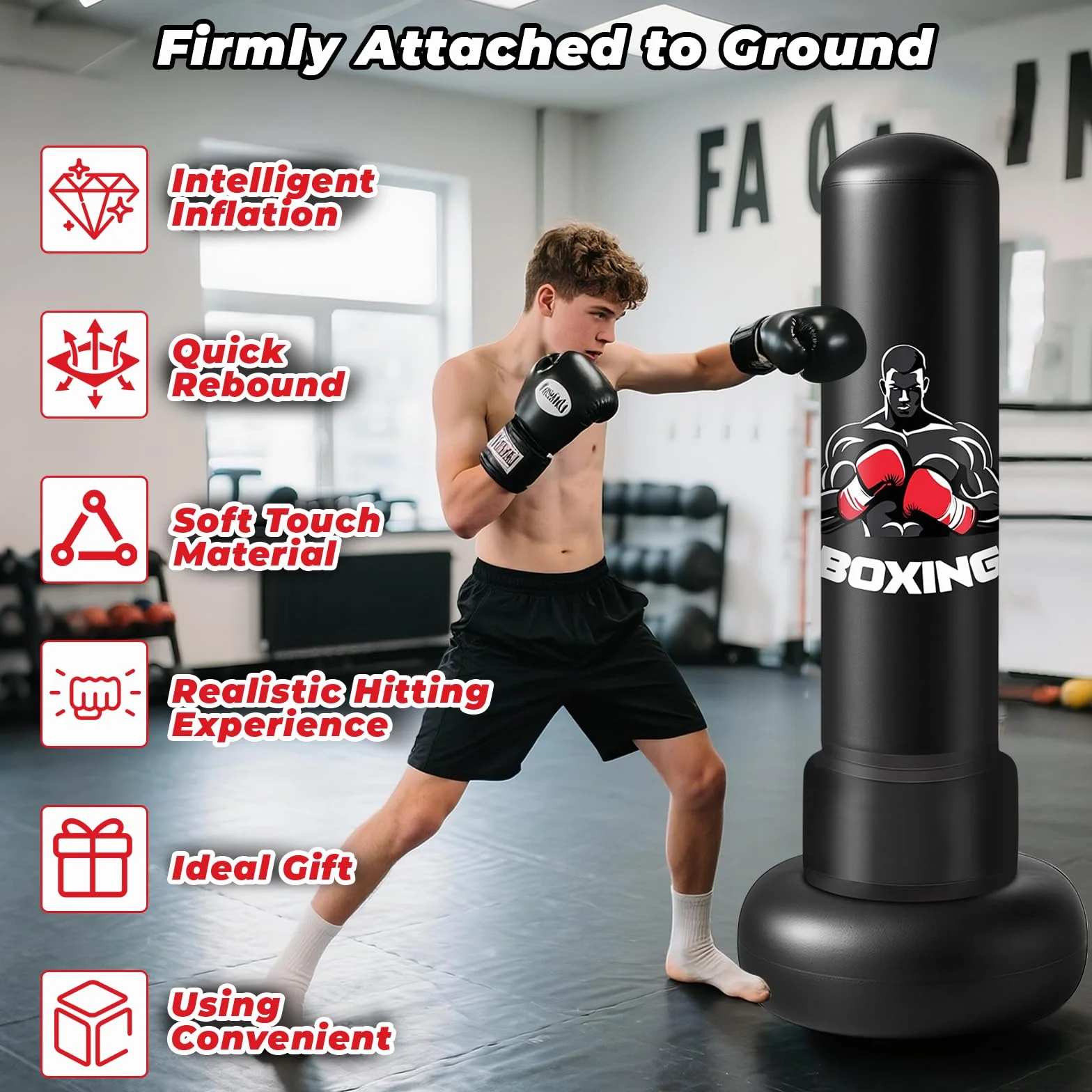 Sac de Frappe Adultes, 180cm Gonflable Punching Ball avec Gants Pompe à Air, Sac de Boxe sur Pied Enfants pour MMA Karaté Fitness Equipement de Boxe Idéal Cadeau Femmes et Hommes