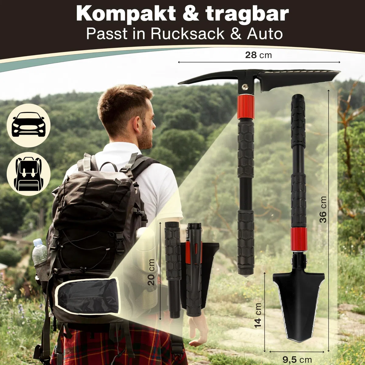 Pelle pliante 9 en 1 – Pelle de survie pliable avec scie à racines, acier à feu et sac – Outil compact d'extérieur – Cadeau pour homme, idéal pour le camping, le bushcraft et les urgences