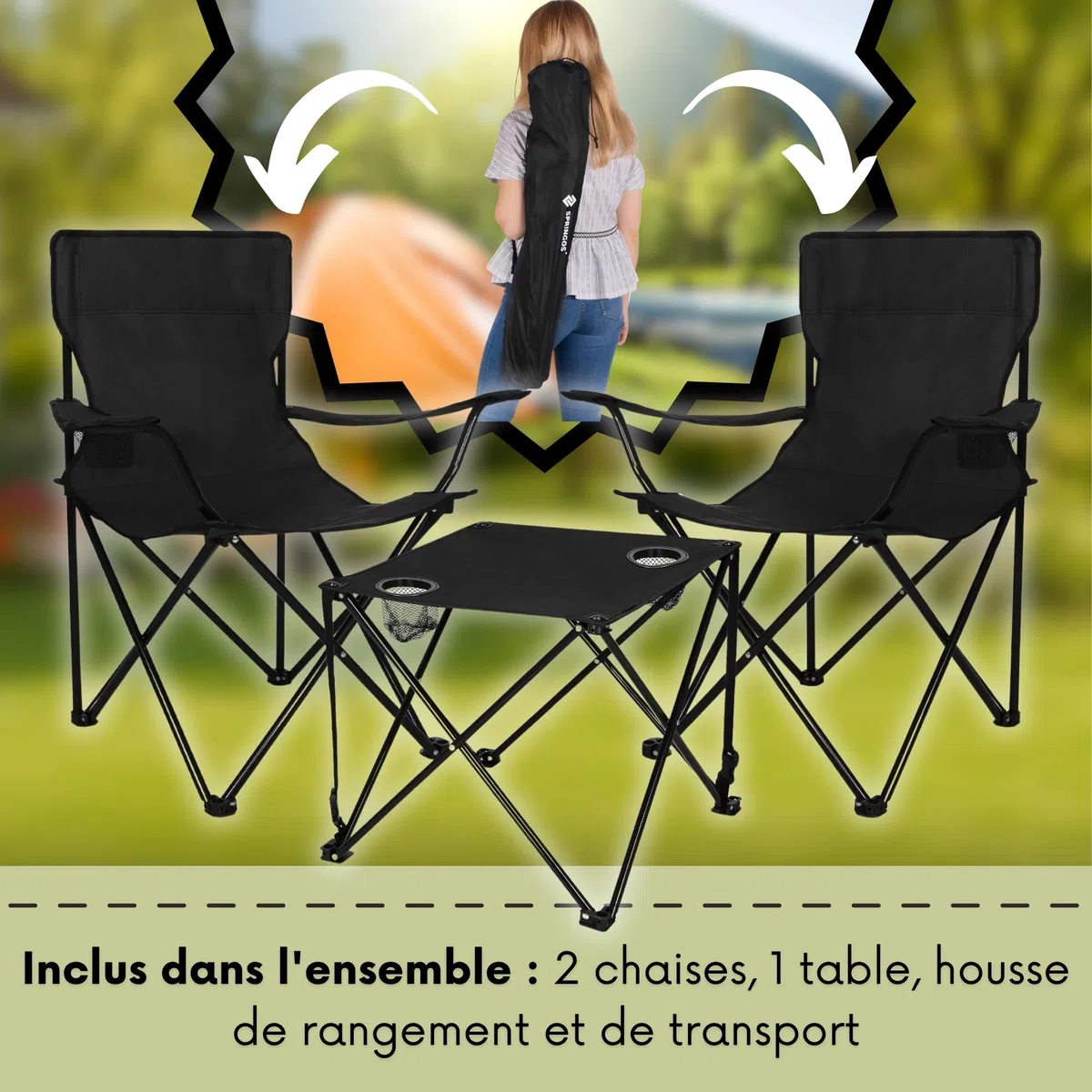 SPRINGOS Ensemble Camping 3 Pièces Noir – Table Pliante + 2 Chaises avec Accoudoirs et Porte-Gobelet, 4,8 kg, Charge 100 kg – Pêche Festival Jardin