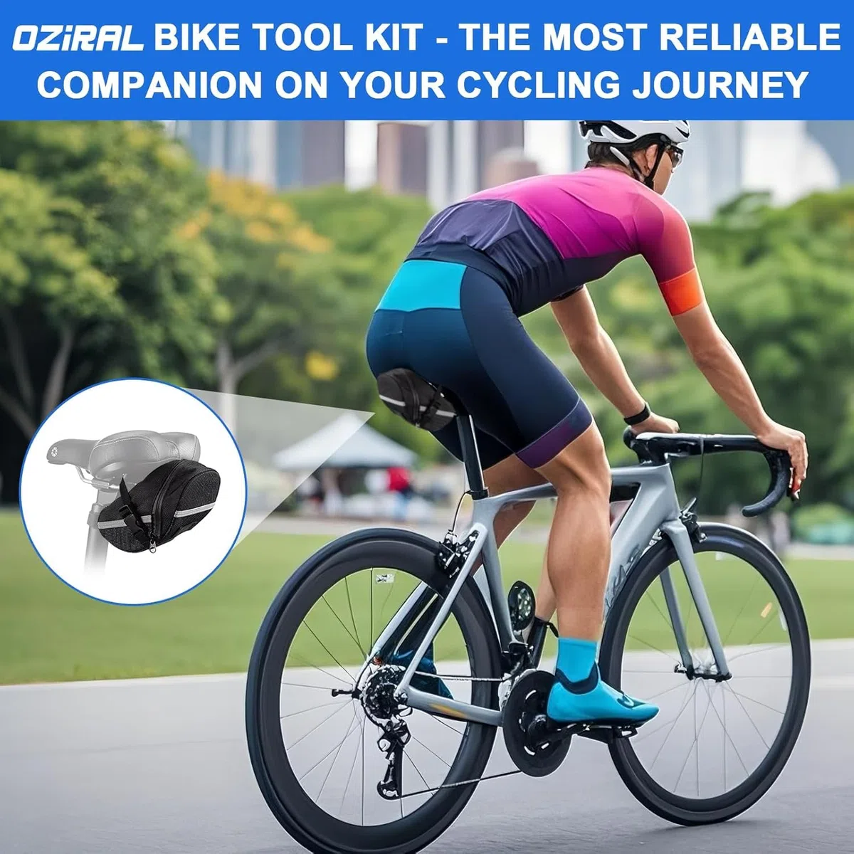 Kit de réparation de vélo Oziral multifonction 16-en-1 Kit Crevaison Velo accessoires VTT avec un couvercle étanche mini pompe 12 rustines pour pneus avec adhésif, rangement pratique pour accessoires
