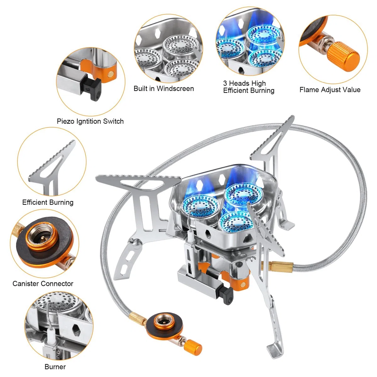 Réchaud de Camping à Gaz, 6800W Portable Brûleur Camping Super Puissance de Feu, Trois brûleurs avec Bouton d'Allumage, Pliable Poids Léger Coupe-vent, pour Camping/Randonnée/Pique-Nique