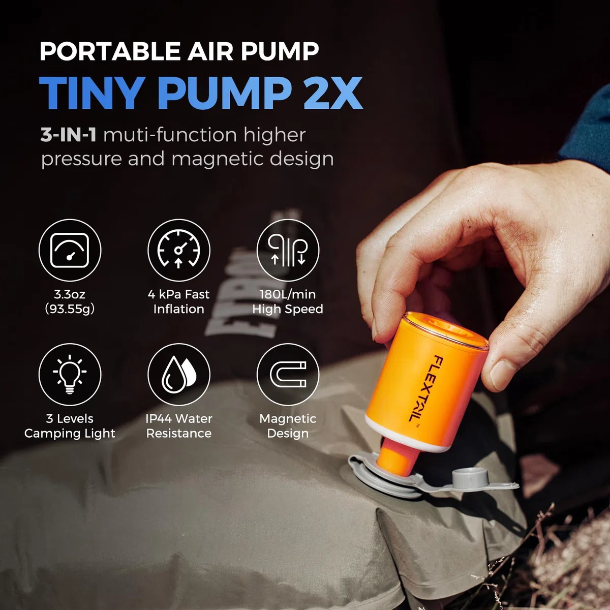 FLEXTAILGEAR TINY PUMP2 X Pompe à air électrique avec batterie de 1300 mAh, mini pompe portable, compacte, rechargeable par USB, pour matelas gonflable, bouée, sac sous vide pour vêtements