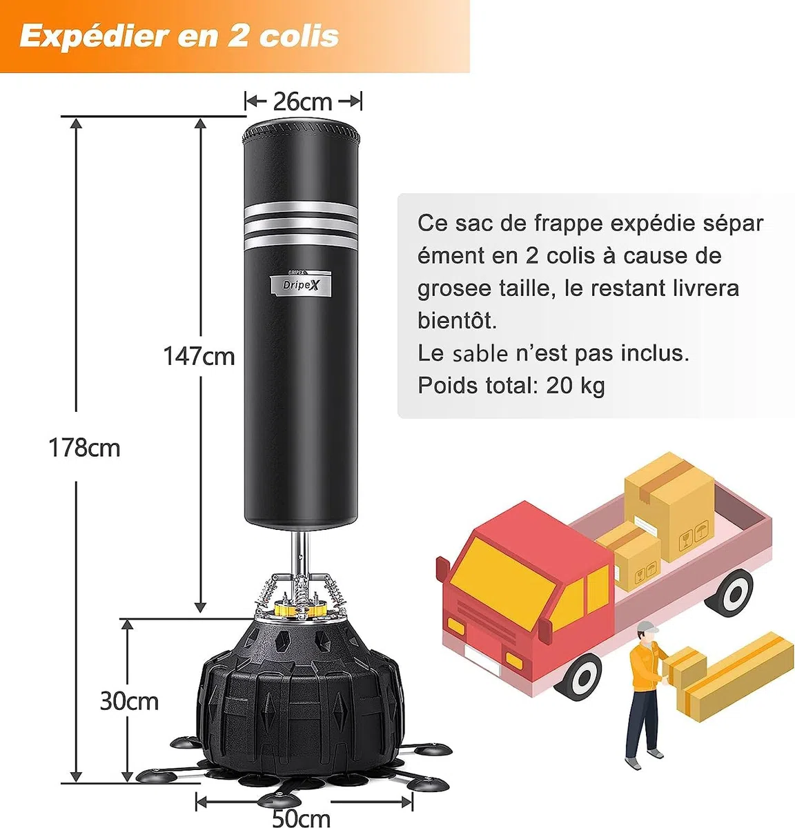 Dripex Sac de Boxe Autoportant Sac de Frappe sur Pied 178 cm Punching Ball avec 19/25 Ventouses pour Muay Thai, Kickboxing, Arts Martiaux et MMA